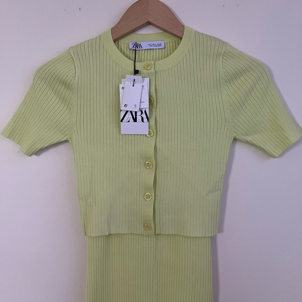 Zara Women Yellow Green Ribbed Knit Dress w/ Crop Button Down Top Cardigan Small - Picture 5 of 17